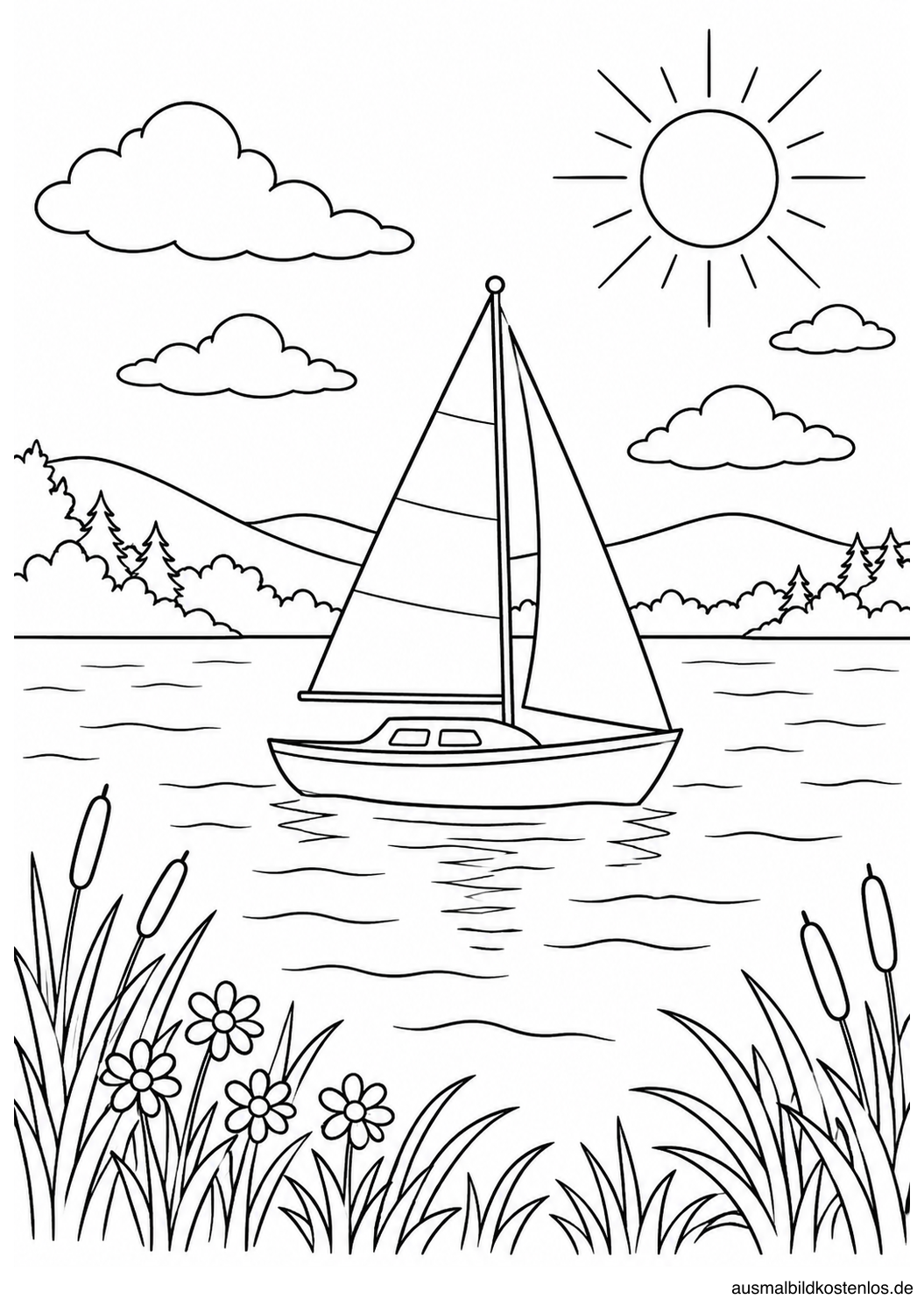 Schwarz-weißes Sommer-Ausmalbild: Segelboot auf dem See: Ein Segelboot fährt ruhig über einen See mit Schilf, Blumen und sanften Hügeln im Hintergrund.