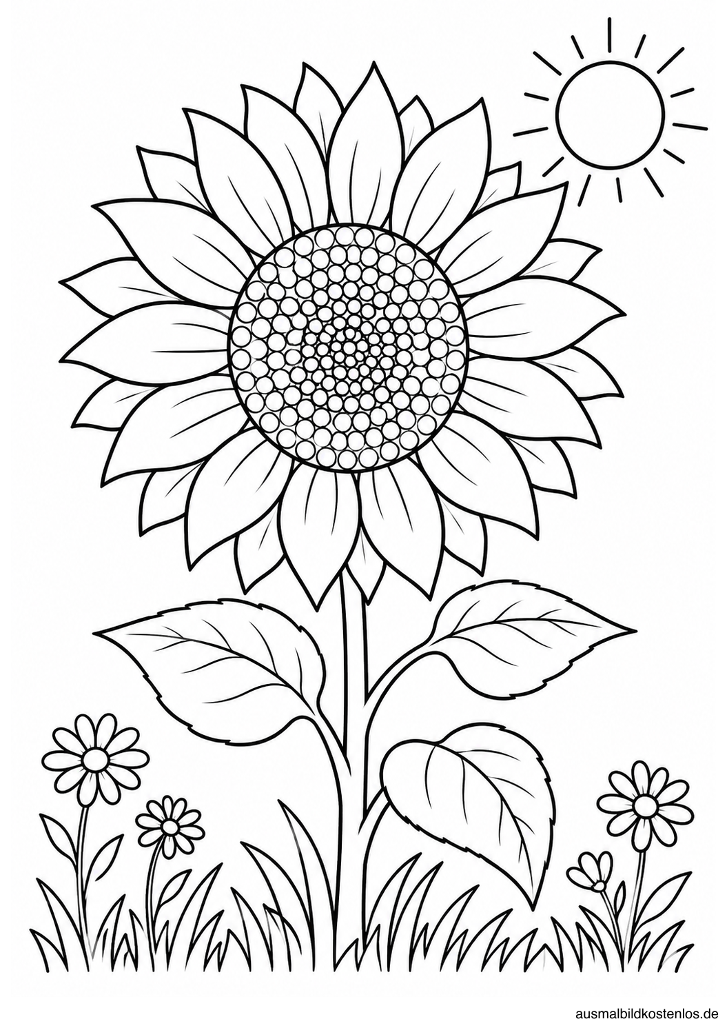 Schwarz-weißes Sommer-Ausmalbild: Große Sonnenblume: Eine große Sonnenblume mit breiten Blütenblättern steht aufrecht in einer sommerlichen Wiese.