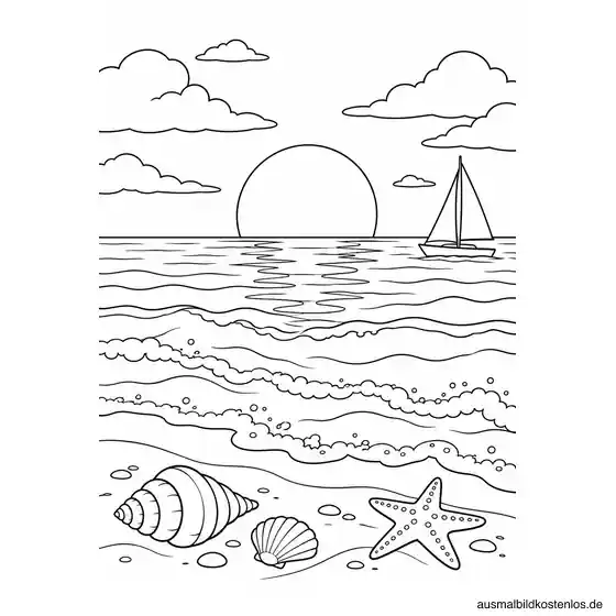 Sonnenuntergang über dem Meer Ausmalbild zum Ausdrucken