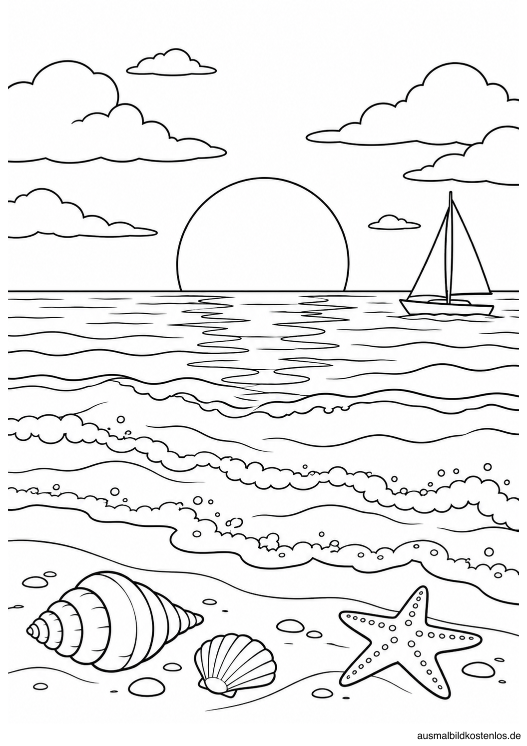 Schwarz-weißes Sommer-Ausmalbild: Sonnenuntergang über dem Meer: Die Sonne steht tief über dem Wasser, während Wellen, Muscheln und ein Segelboot die Szene ergänzen.