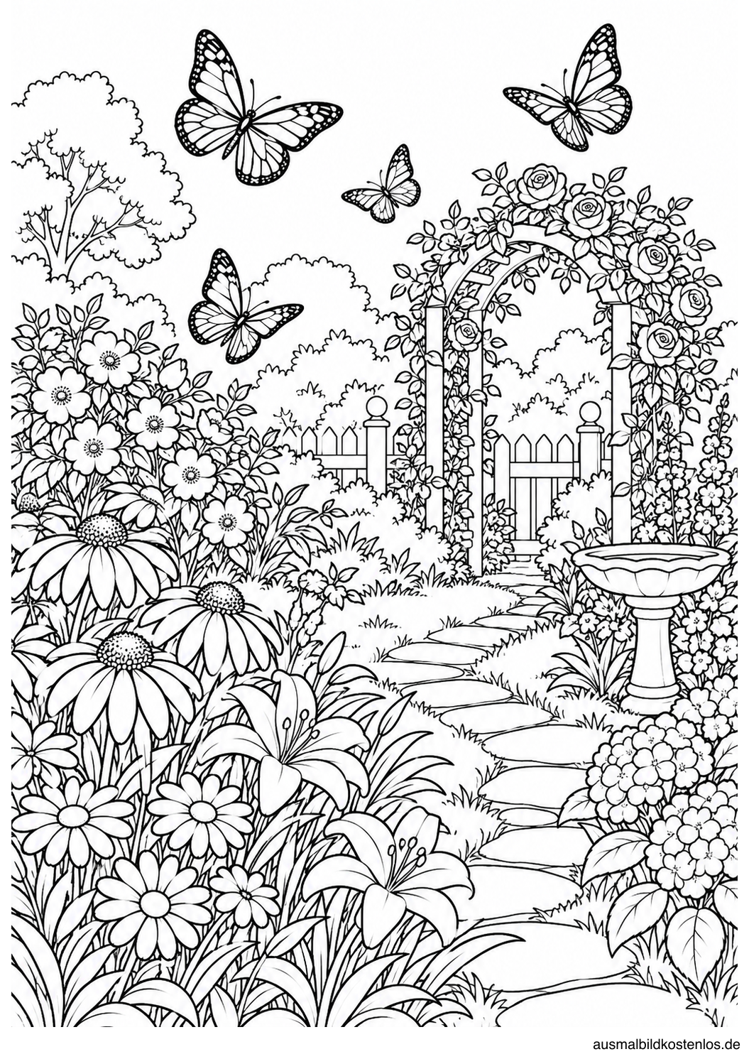Schwarz-weißes Sommer-Ausmalbild: Sommergarten mit Schmetterlingen: Ein üppiger Garten mit Blumen, Rosenbogen, Weg und mehreren Schmetterlingen lädt zum Ausmalen ein.