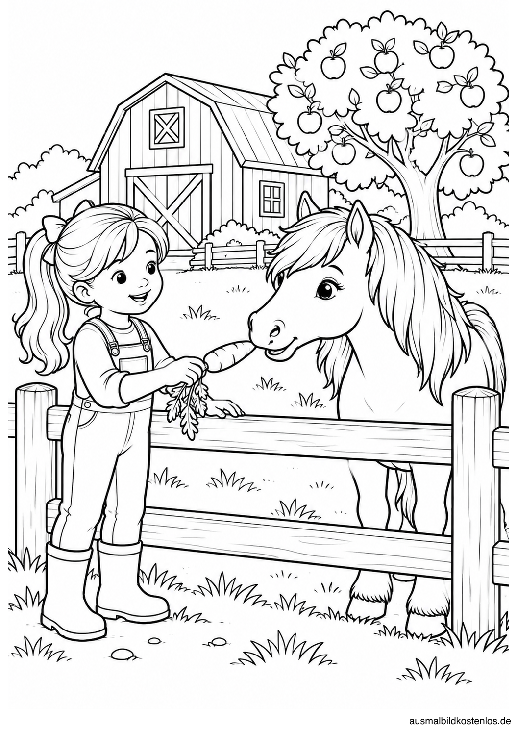 Kind reicht einem Pony eine Karotte über den Gartenzaun, dahinter Scheune und Apfelbaum