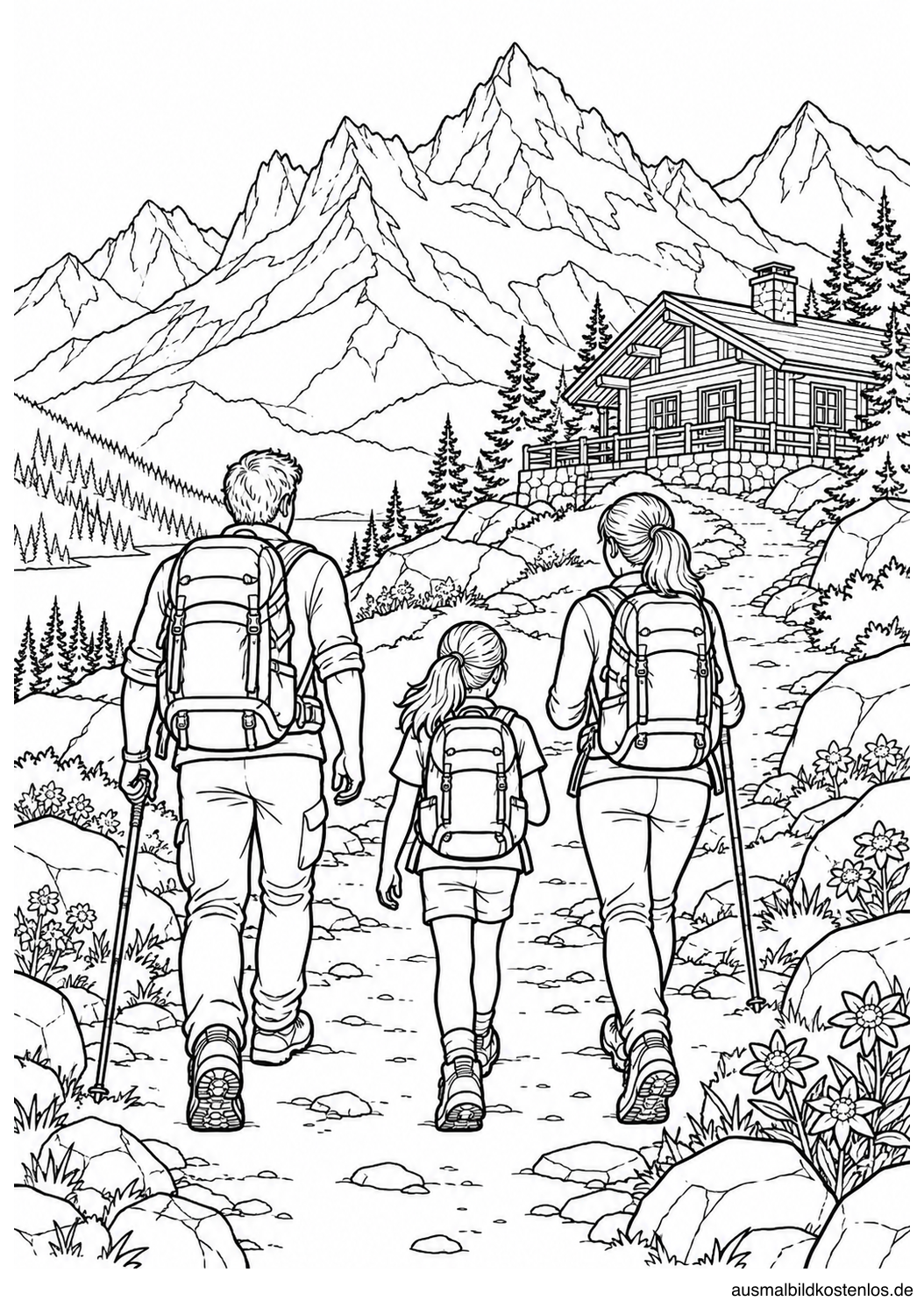 Zwei Erwachsene und ein Kind wandern mit Rucksäcken zur Berghütte zwischen Bergen und Blumen