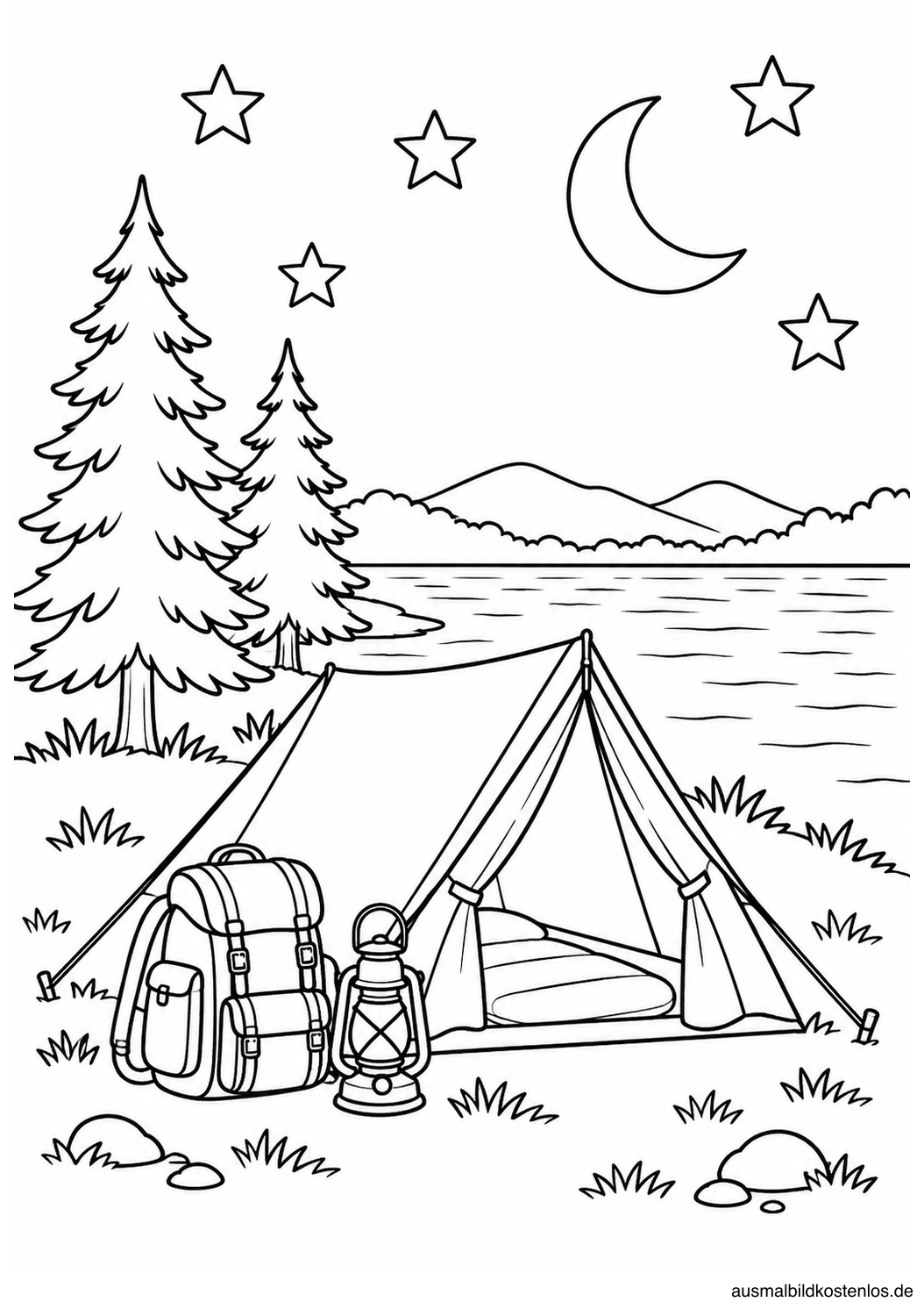 Offenes Zelt am See mit Rucksack, Laterne, zwei Tannen, Mond und Sternen