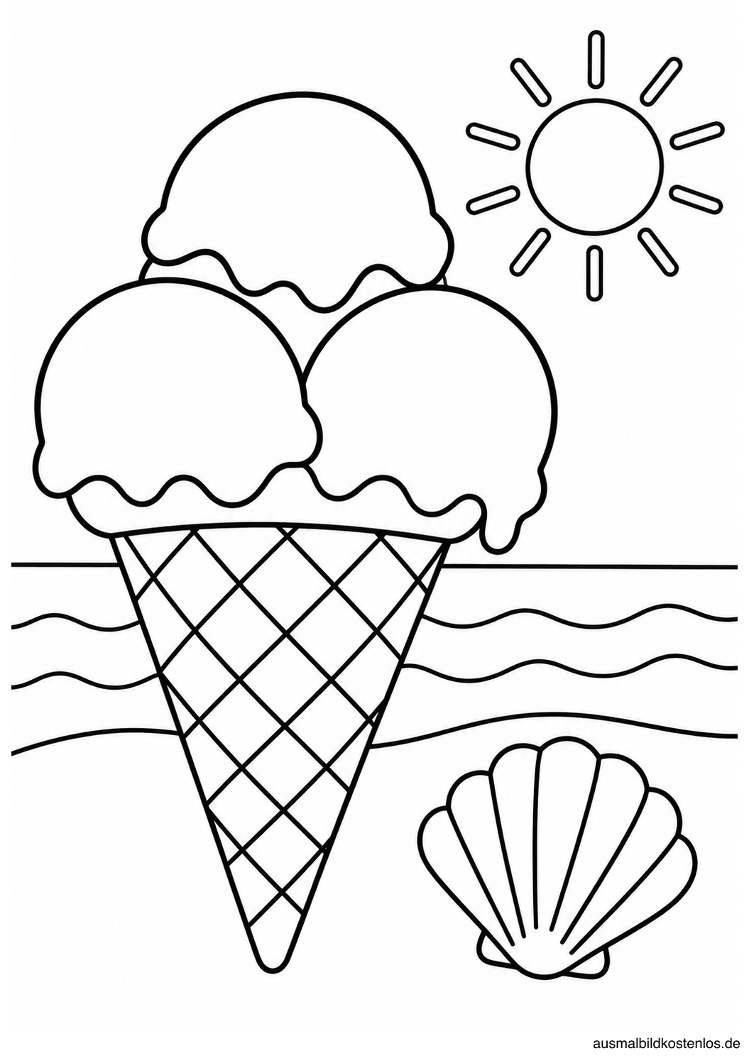 Große Eiswaffel mit drei Kugeln neben einer Muschel vor Uferlinie und Sonne