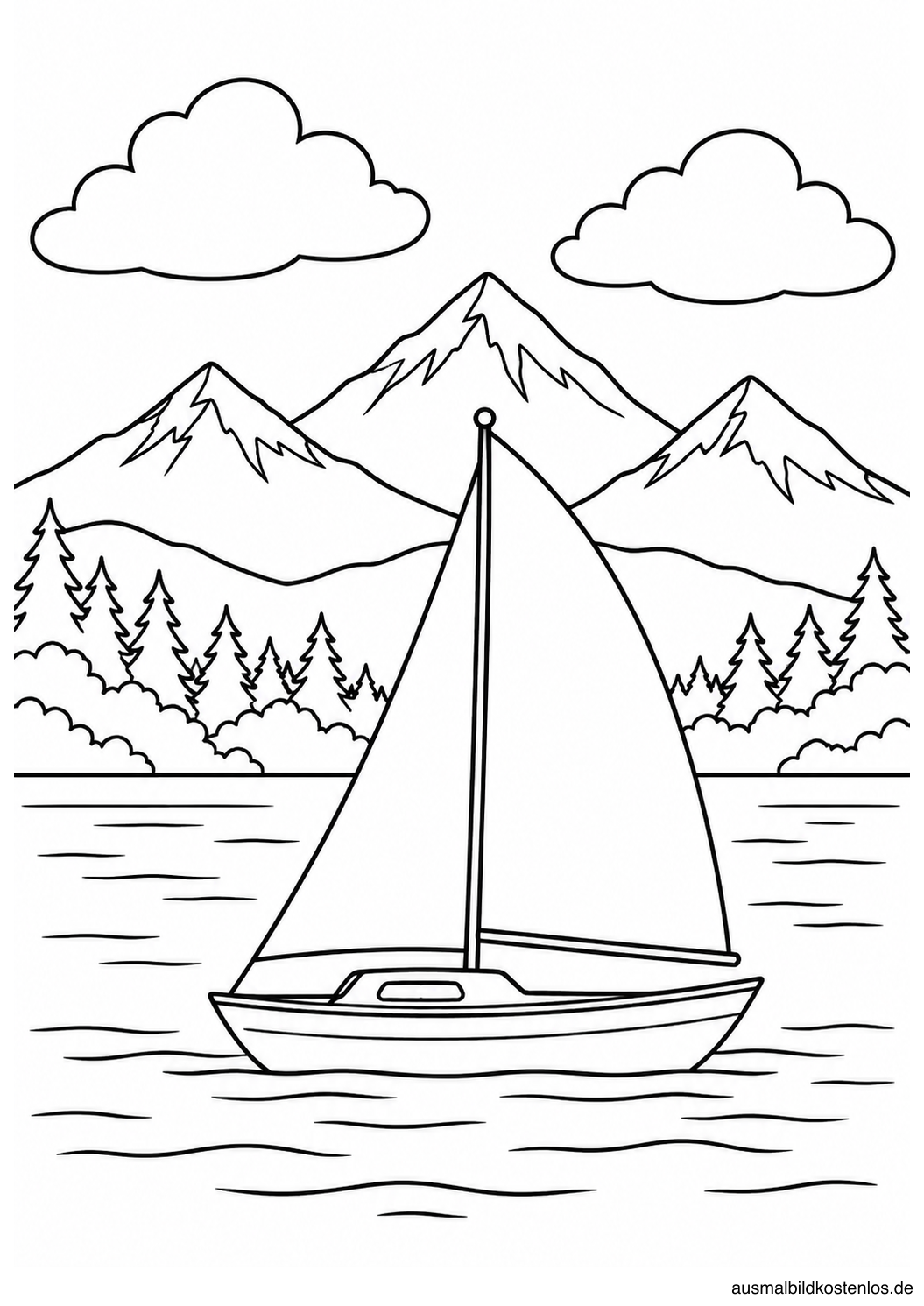 Segelboot mit großem Segel auf ruhigem Bergsee vor drei Gipfeln und zwei Wolken