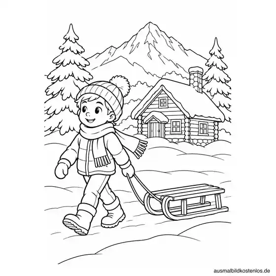 Schlittenpause vor der verschneiten Berghütte