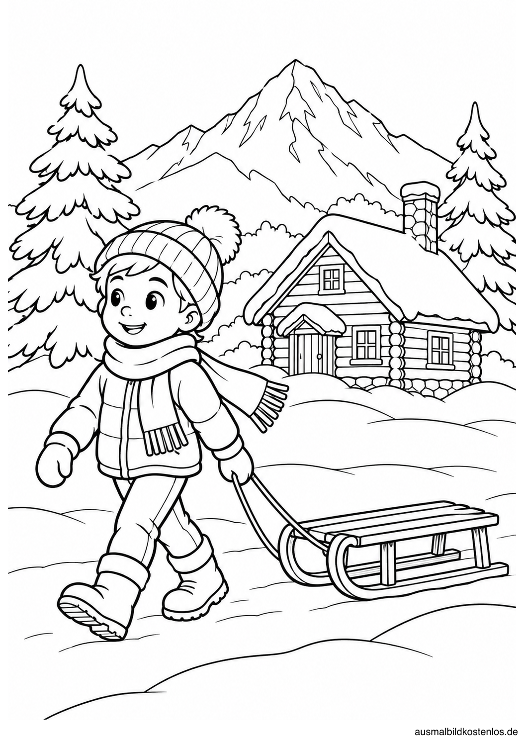 Kind mit Mütze und Schal zieht einen Schlitten vor Berghütte, zwei verschneiten Tannen und Berg