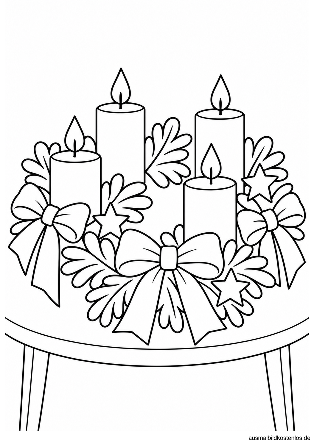 Adventskranz mit vier breiten Kerzen, großen Schleifen und wenigen Sternen auf einem Tisch