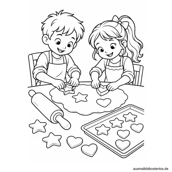 Kinder backen Plätzchen als Sterne und Herzen