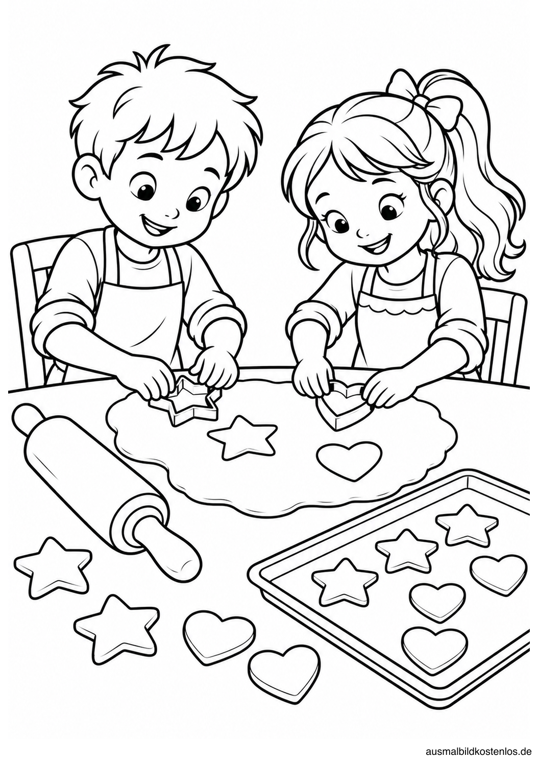 Zwei Kinder stechen Stern- und Herzplätzchen am Küchentisch aus