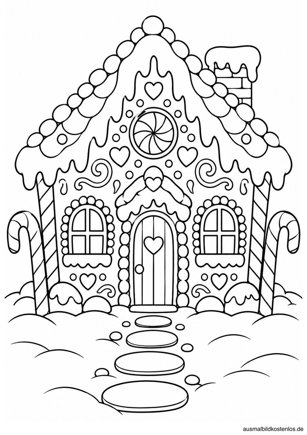 Lebkuchenhaus mit Zuckergussdach, Bonbonfenstern und zwei Zuckerstangen im Schnee