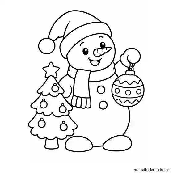 Schneemann mit Weihnachtskugel neben einer Tanne