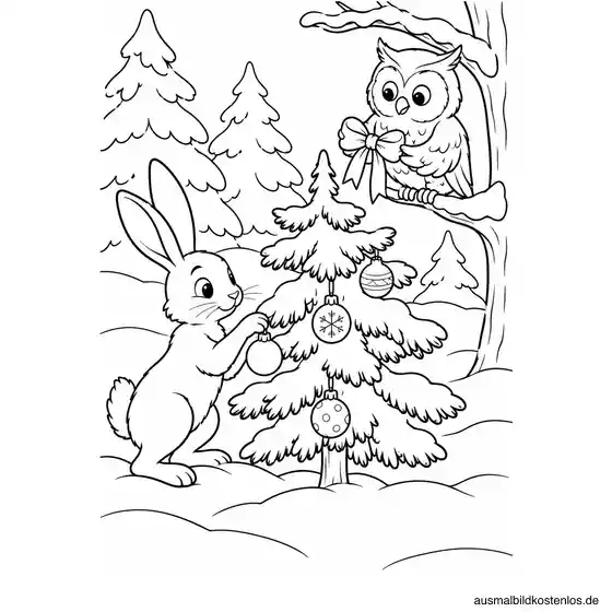 Eule und Hase schmücken eine Tanne im Wald