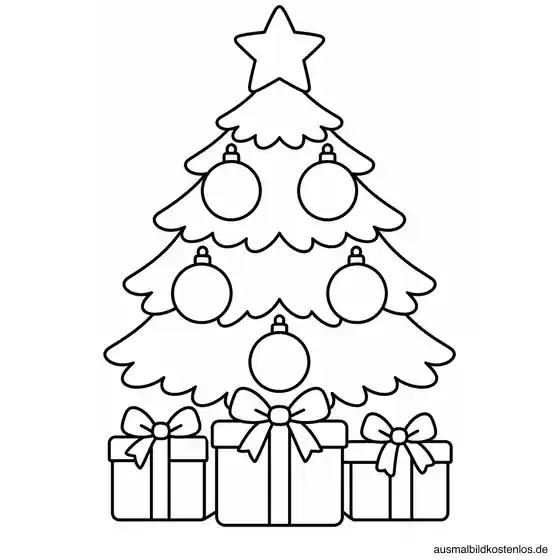 Weihnachtsbaum mit großen Kugeln, Stern und Geschenken