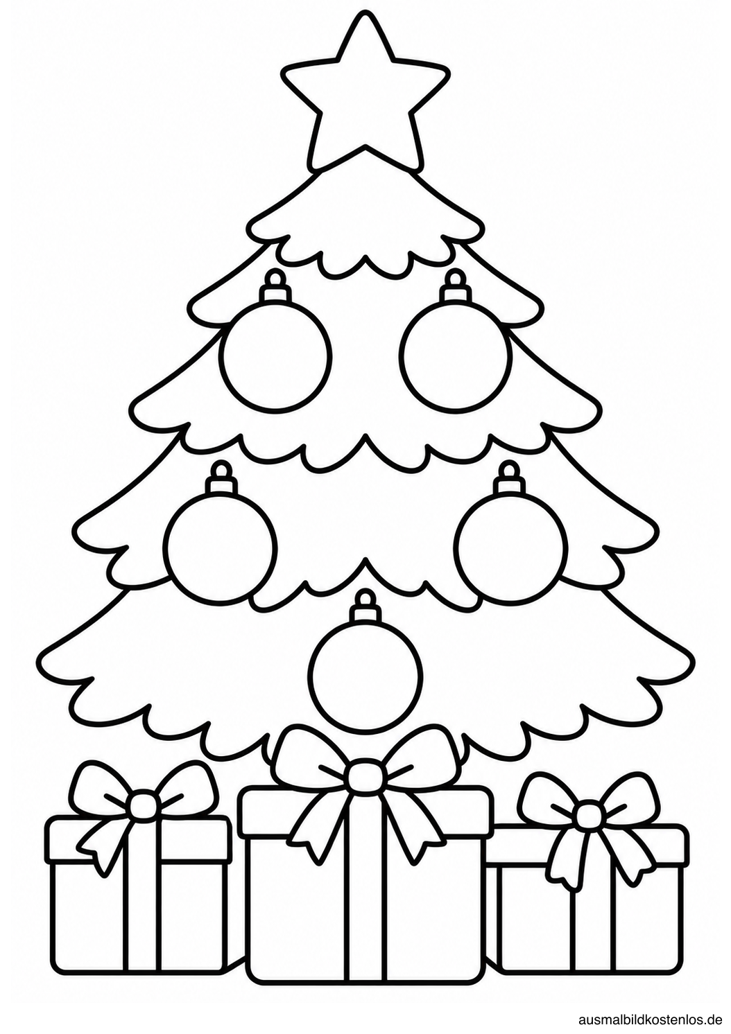 Weihnachtsbaum mit fünf Kugeln, einem Stern und drei Geschenken