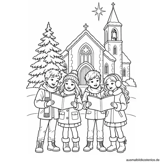 Kinder singen Weihnachtslieder vor der Dorfkirche