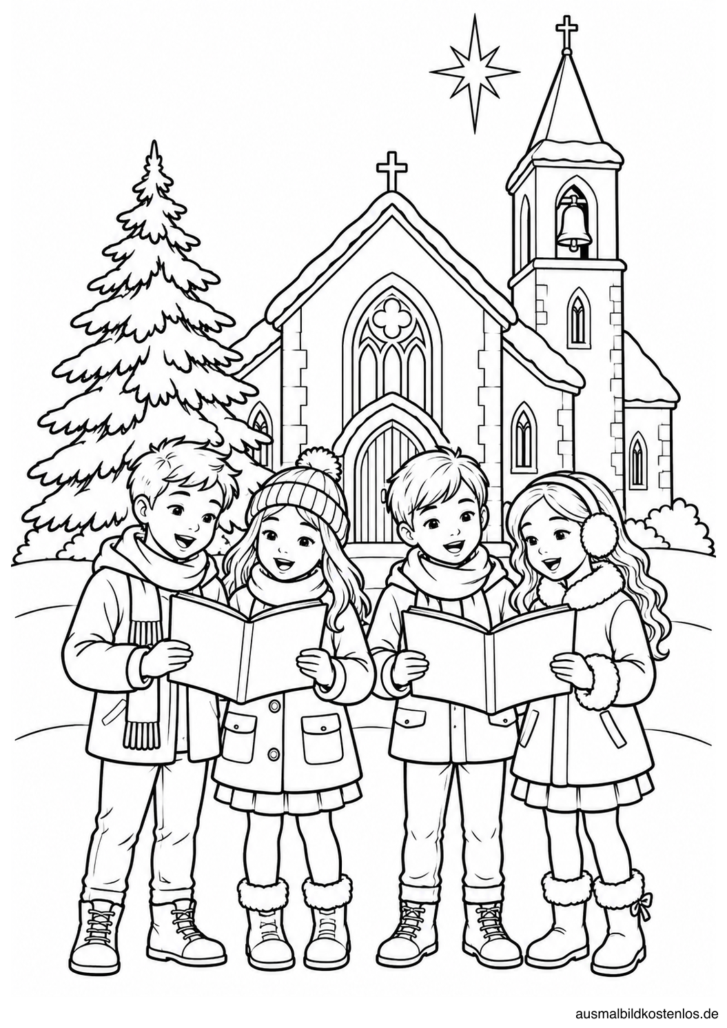 Vier Kinder singen aus zwei Liederbüchern vor einer Dorfkirche mit Tanne und Stern
