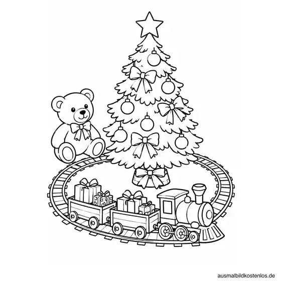 Spielzeugeisenbahn fährt um den Weihnachtsbaum