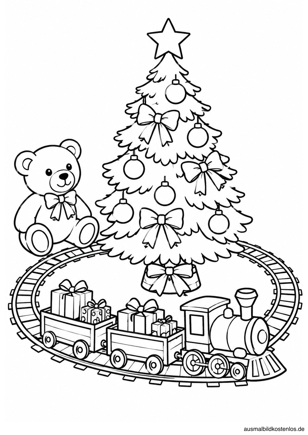 Spielzeugeisenbahn mit zwei Geschenkewaggons fährt um einen Weihnachtsbaum