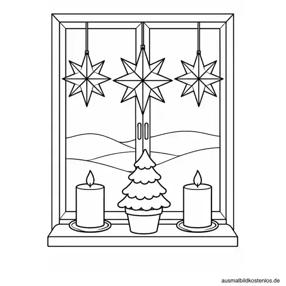 Weihnachtsfenster mit großen Sternen und Kerzen