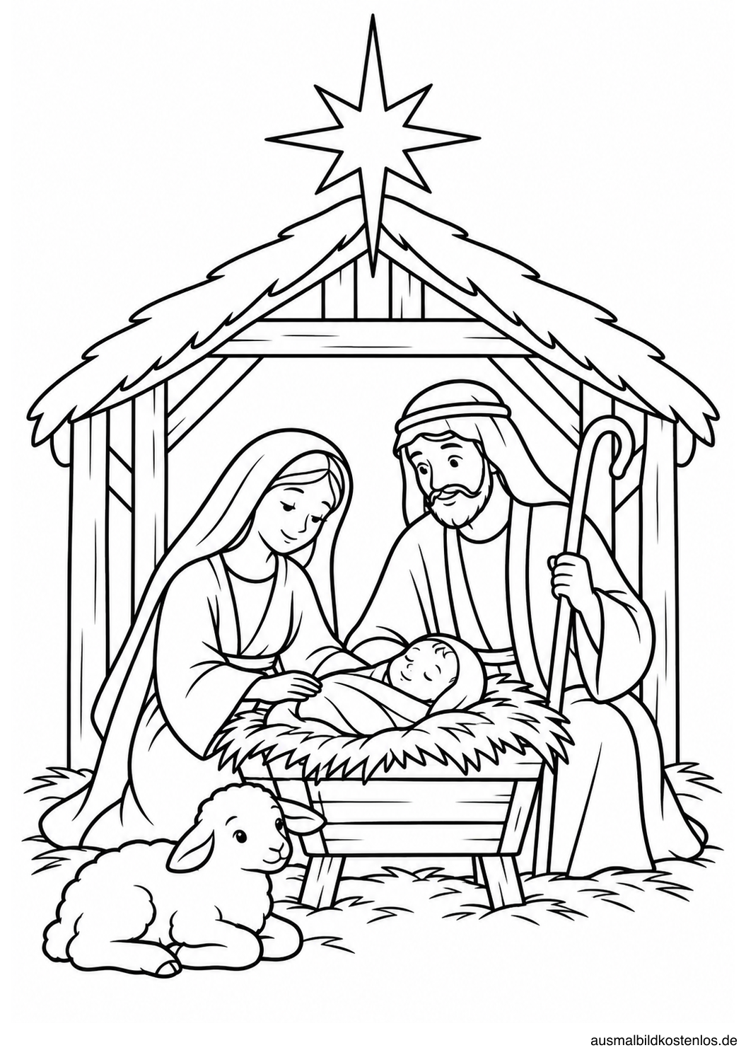 Maria und Josef sitzen neben Jesus in der Krippe; davor ein Schaf, darüber ein Stern
