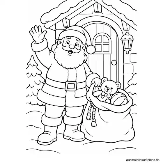 Weihnachtsmann mit Geschenkesack vor der Haustür