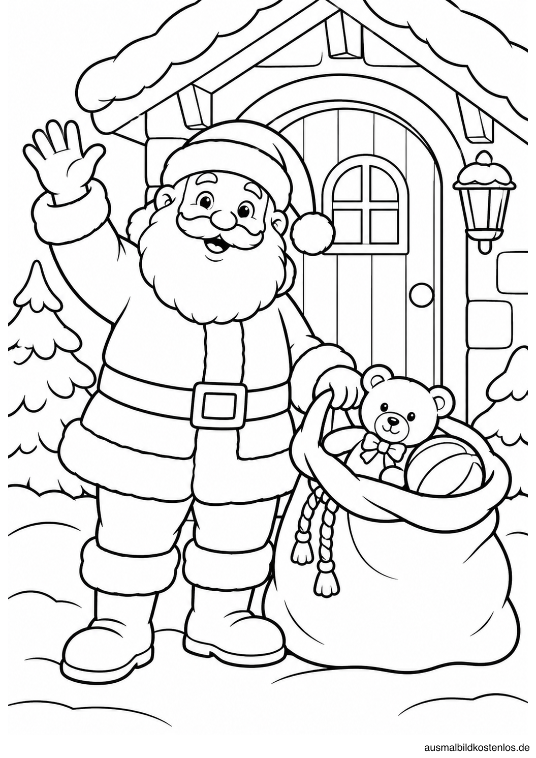 Winkender Weihnachtsmann vor einer verschneiten Tür mit Teddy und Ball im Sack
