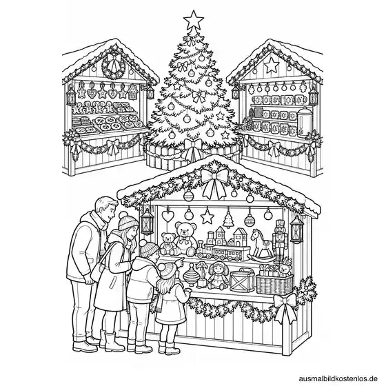 Weihnachtsmarkt mit Tannenbaum und Marktständen