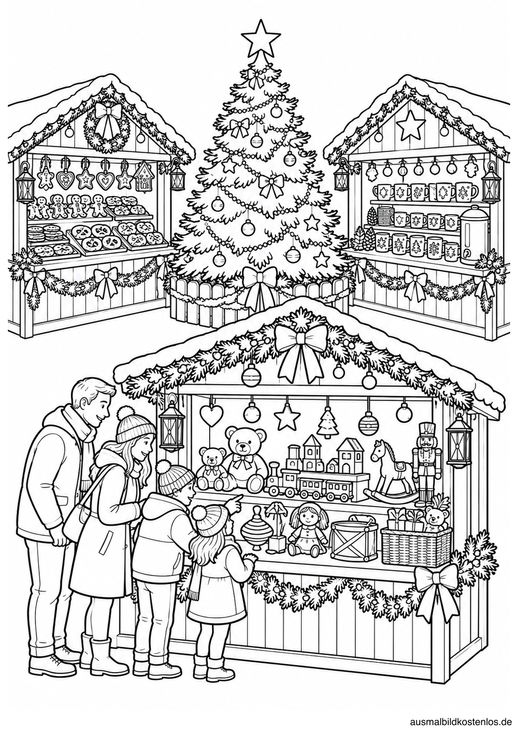 Drei Weihnachtsmarktstände mit Spielzeug, Keksen und Tassen um einen Tannenbaum