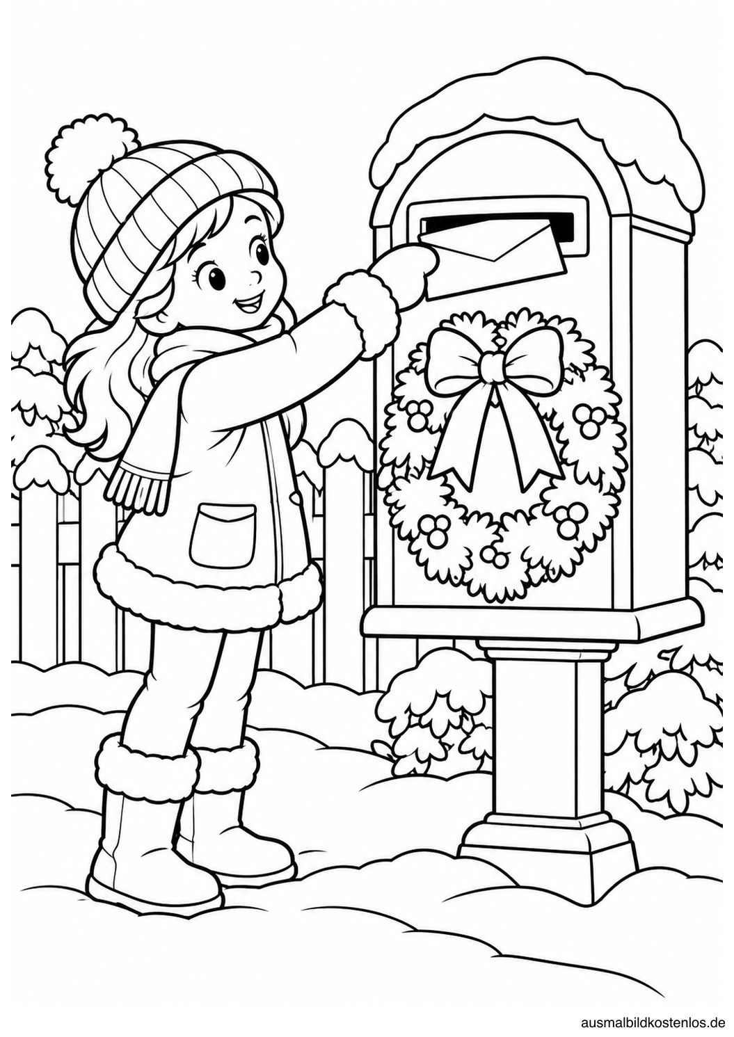 Kind steckt einen Umschlag in einen Briefkasten mit Kranz neben einem Schneezaun