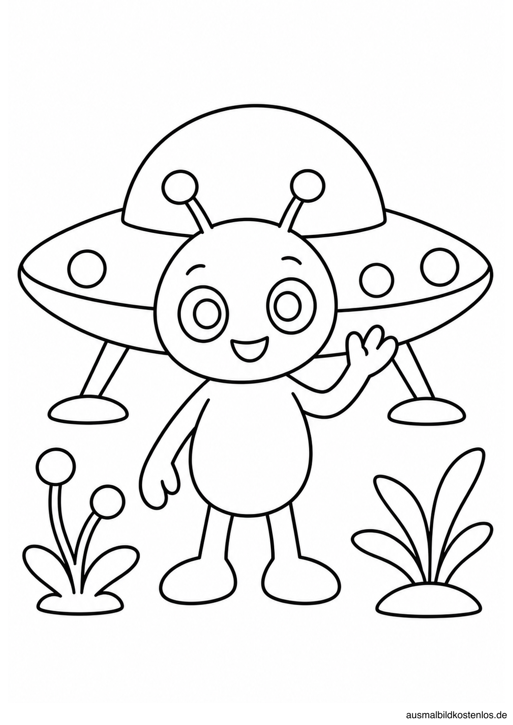 Rundliches winkendes Alien vor einer gelandeten fliegenden Untertasse zwischen zwei Fantasiepflanzen.