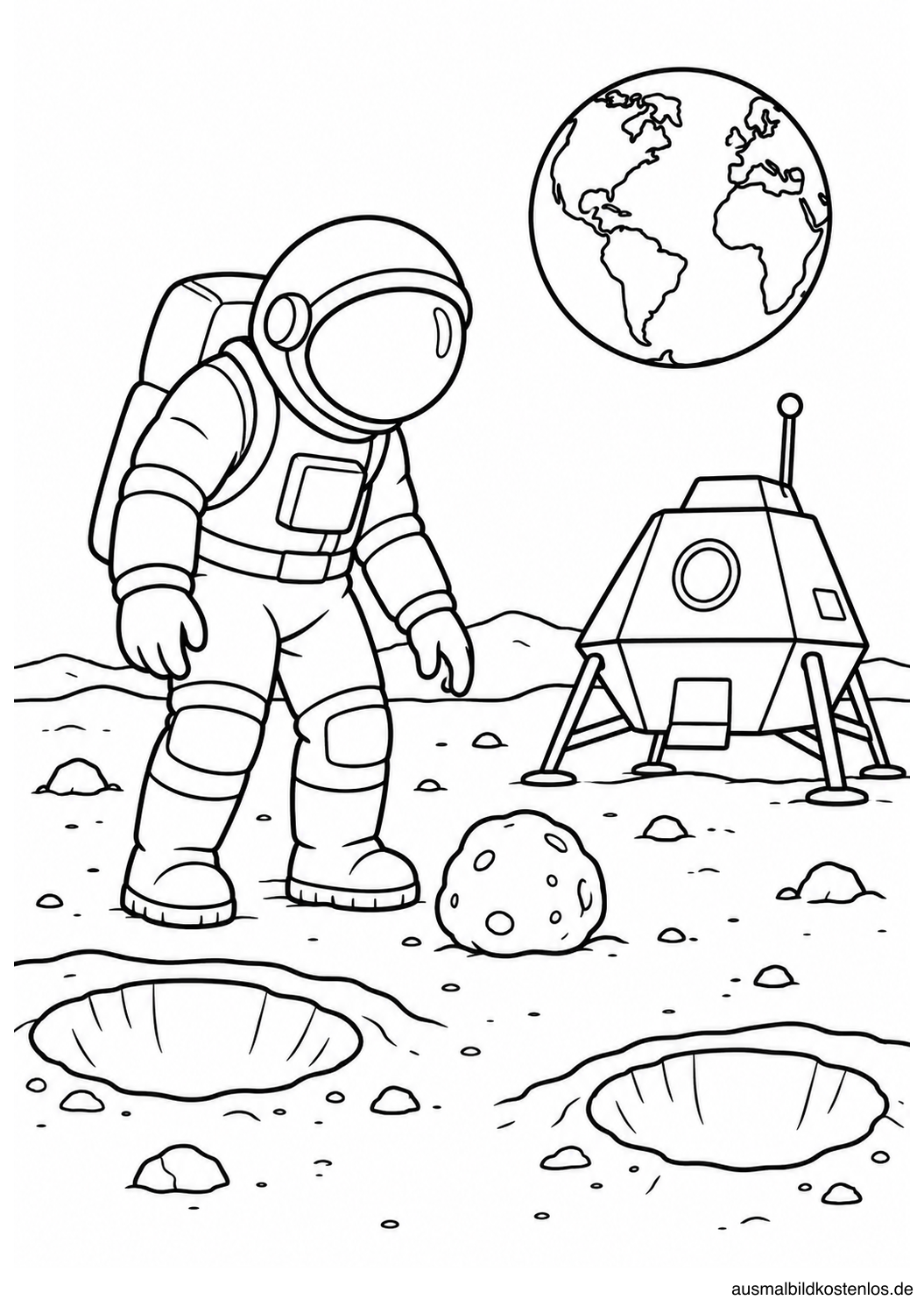 Astronaut neben einer Landekapsel und einem runden Mondstein, mit zwei Kratern und der Erde am Himmel.