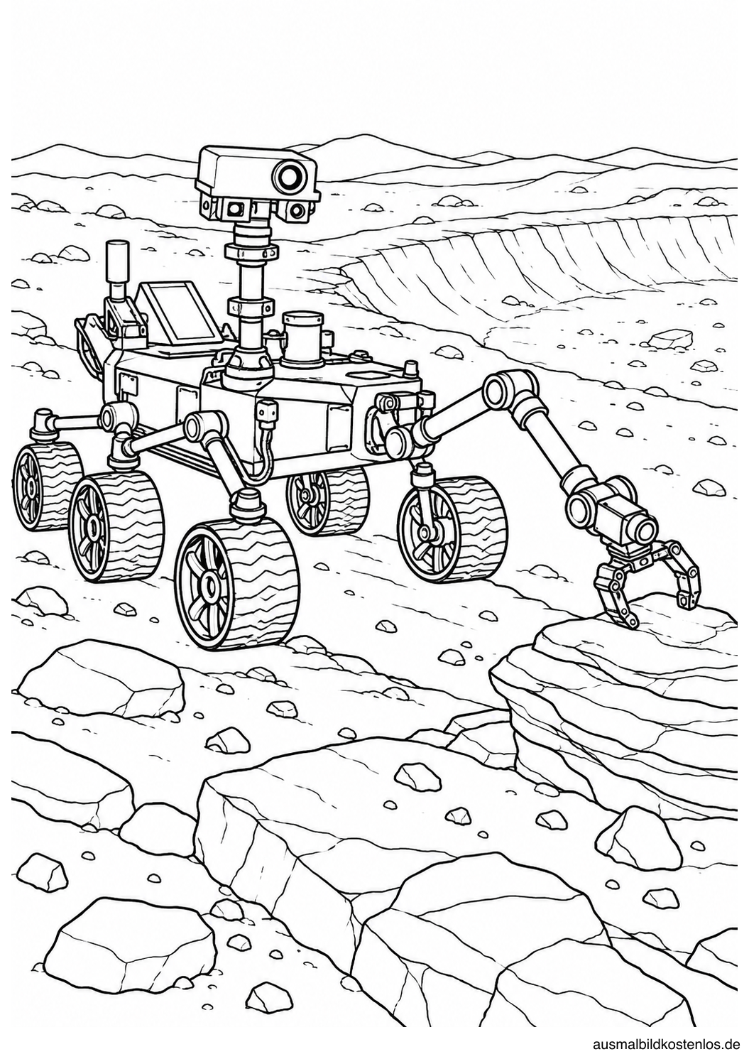 Sechsrädriger Marsrover mit Kameramast und Greifarm vor einem Krater und geschichteten Felsen.