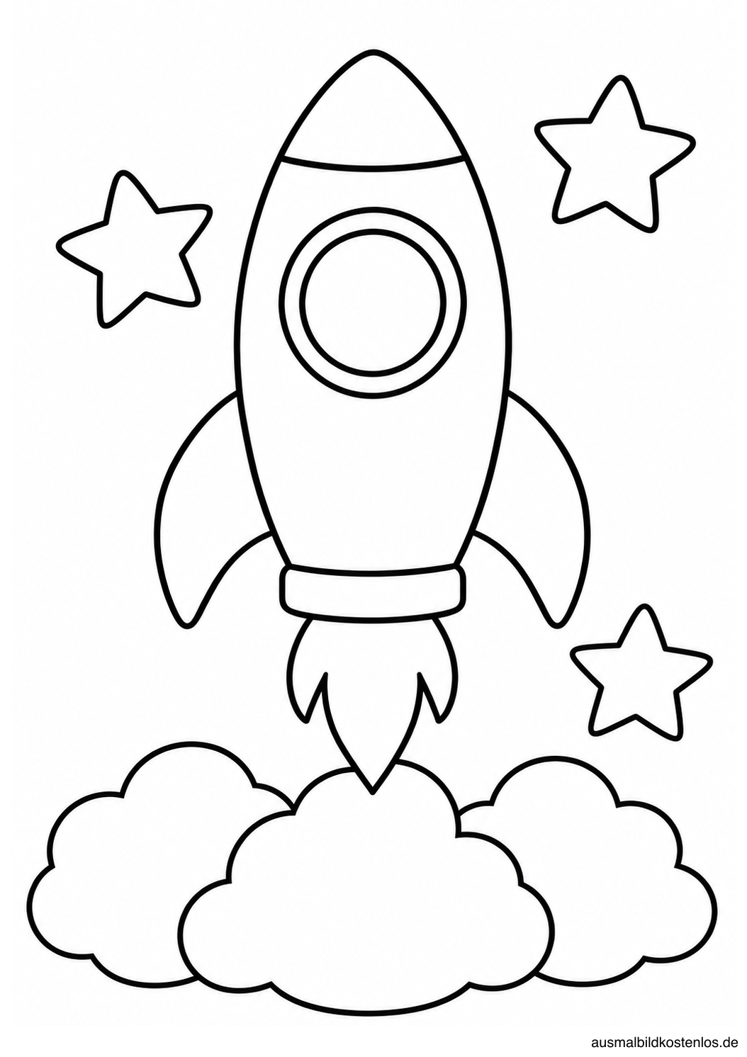 Große Rakete mit rundem Fenster, drei Rauchwolken und drei Sternen als einfache Konturzeichnung.