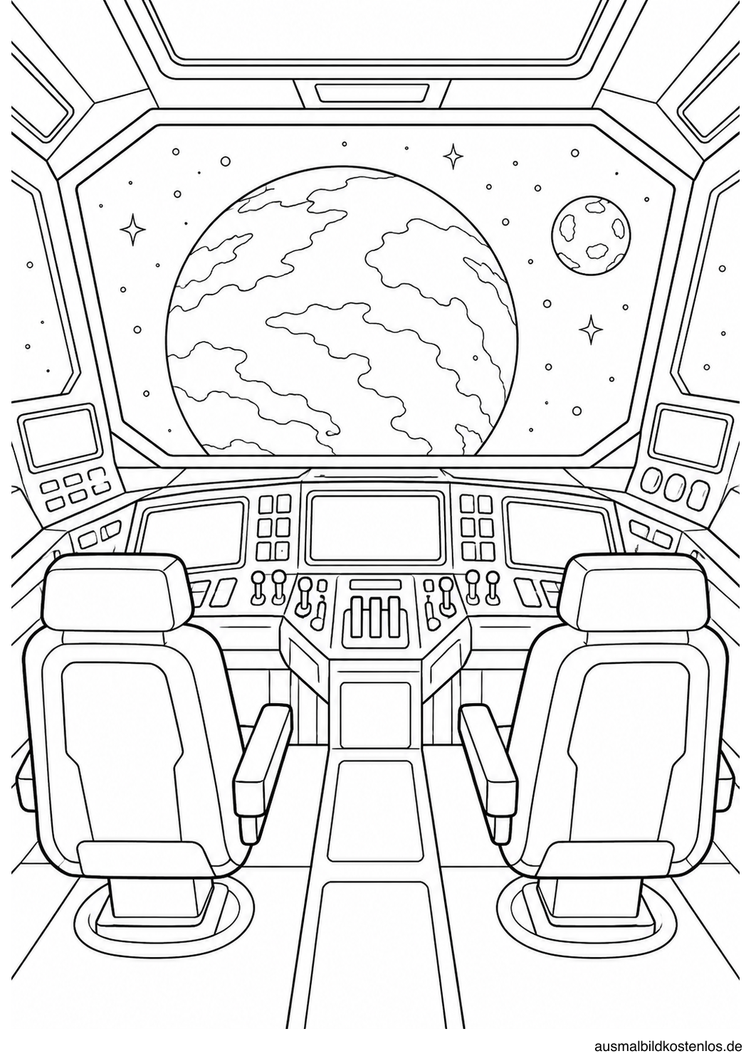 Raumschiff-Cockpit mit zwei leeren Sitzen, Bedienpult und großem Planeten vor dem Fenster.