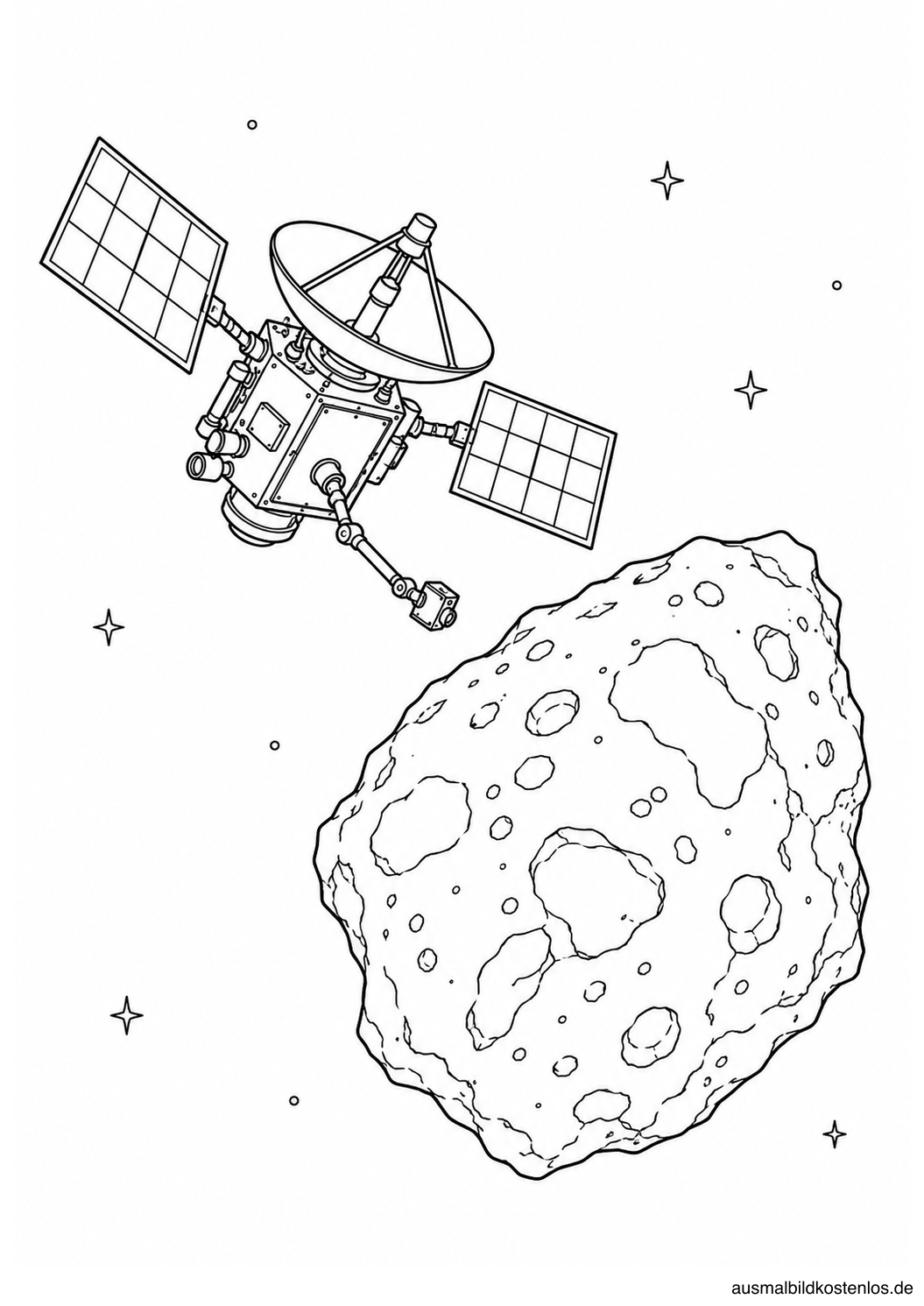 Raumsonde mit Antennenschüssel, zwei Solarpaneelen und Messarm neben einem unregelmäßigen Asteroiden.