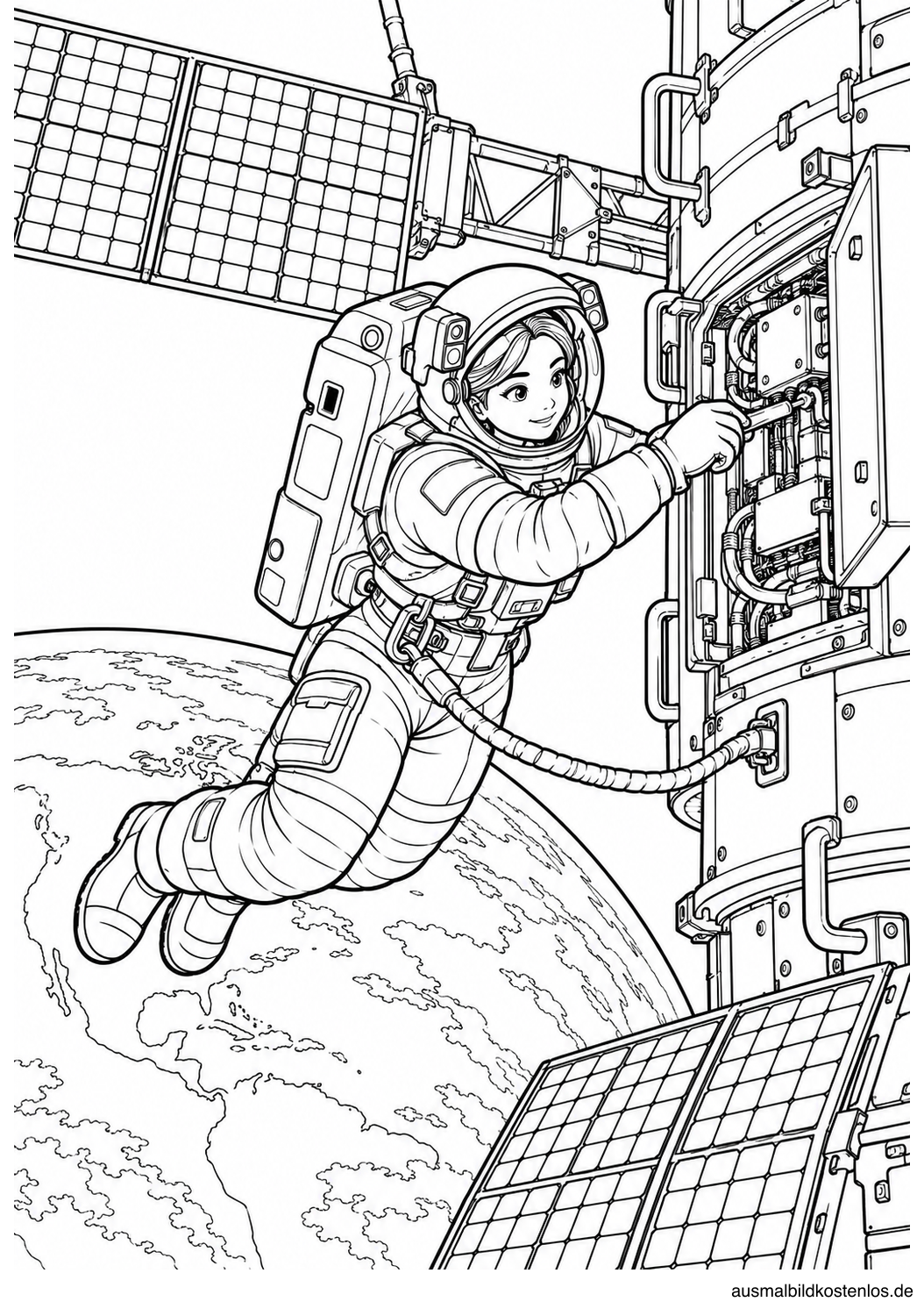 Astronautin an Sicherungsleine bei der Wartung einer Raumstation mit Solarpaneelen vor der Erde.
