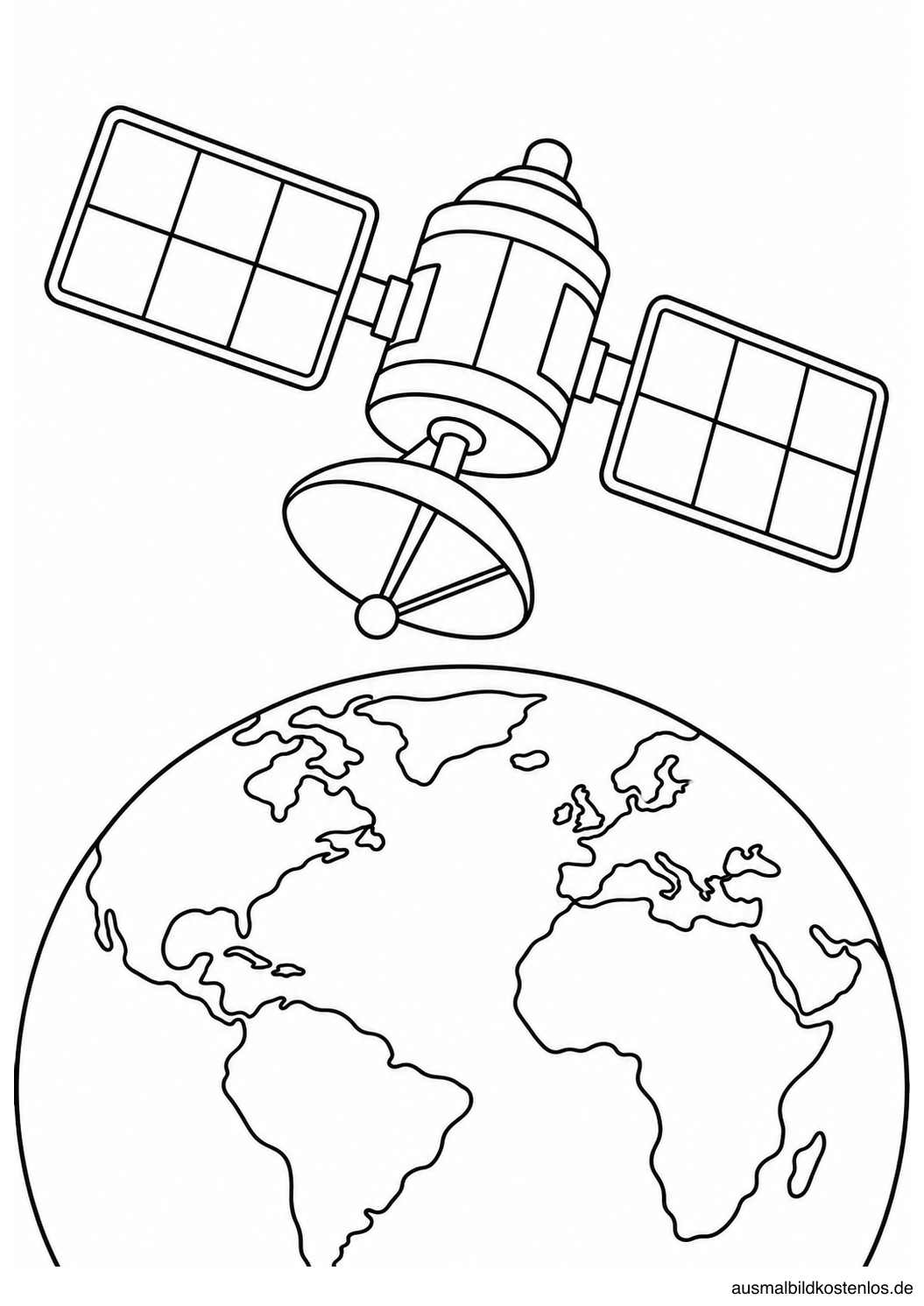 Satellit mit zwei großen Solarpaneelen und Antennenschüssel oberhalb der gebogenen Erde.