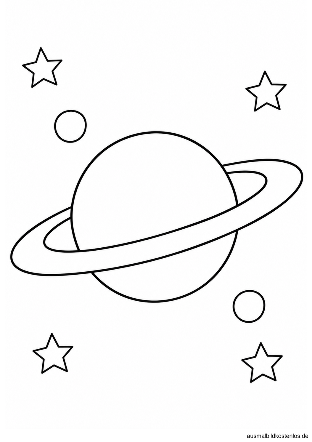 Einfacher Saturn mit breitem Ring, zwei runden Monden und vier deutlich getrennten Sternen.