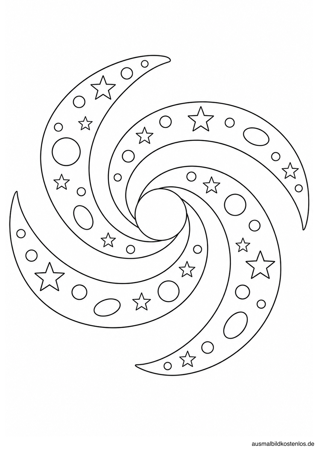 Dekorative Spiralgalaxie mit rundem Zentrum und vier breiten Armen voller Kreise, Ovale und Sterne.