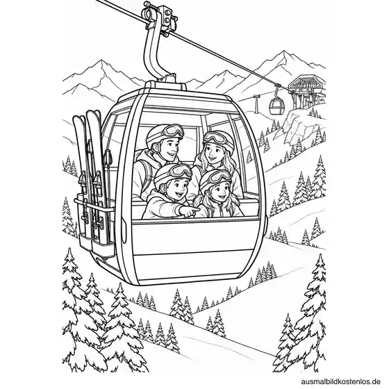 Familie mit zwei Kindern in einer Gondel über der Skipiste mit Skiern im Außenhalter