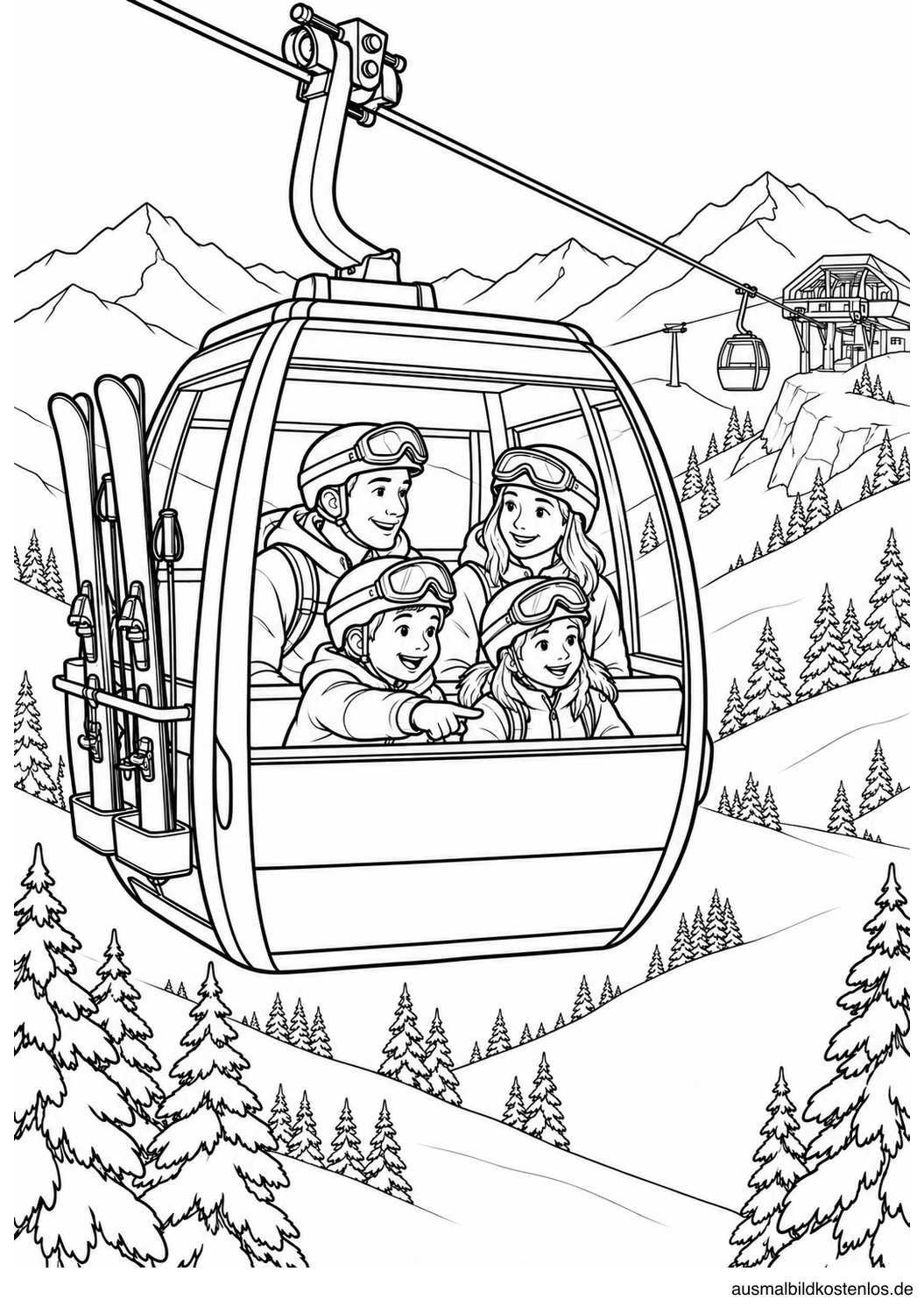 Familie mit zwei Kindern in einer Gondel über der Skipiste mit Skiern im Außenhalter