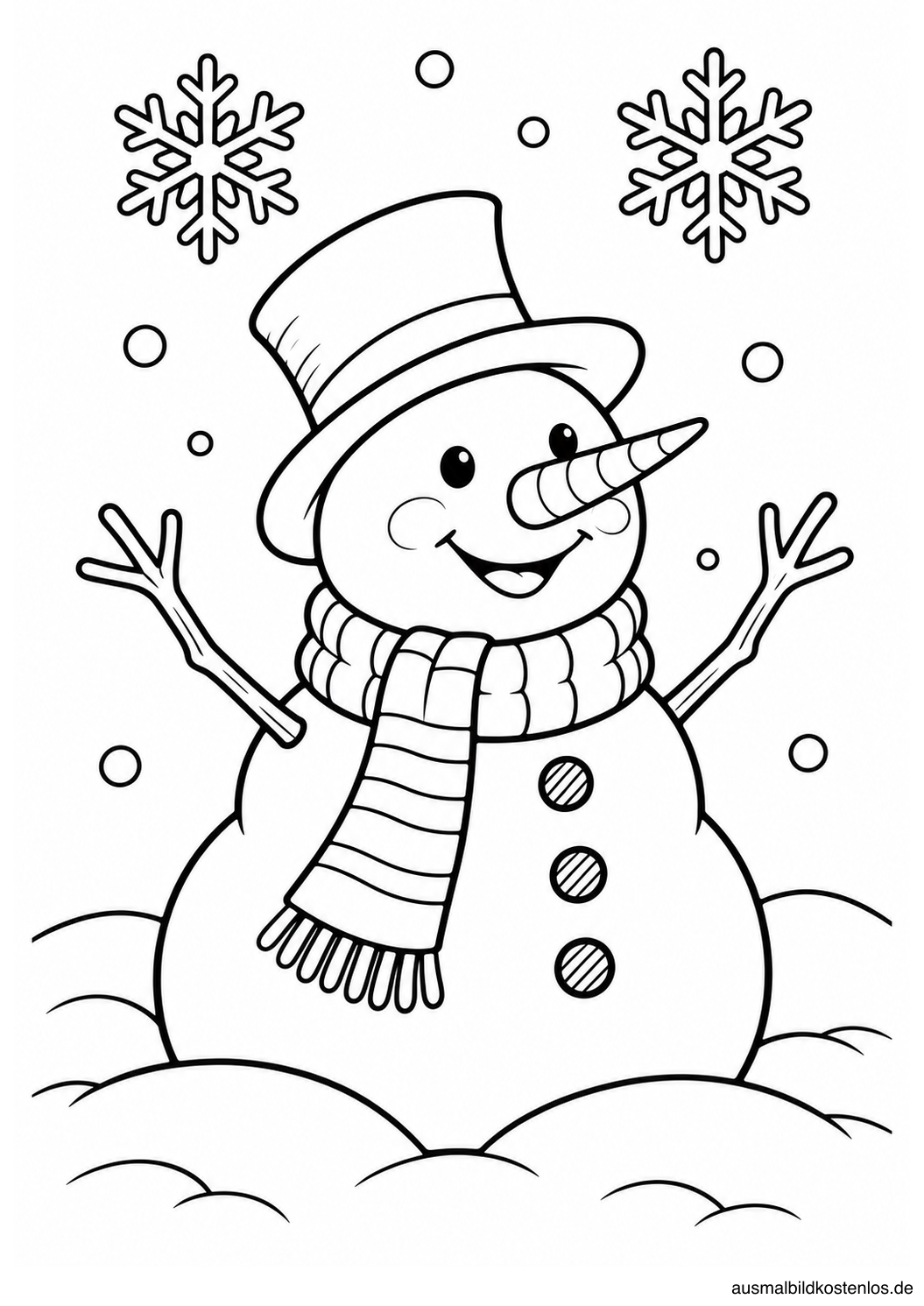 Schwarz-Weiß-Ausmalbild: Fröhlicher Schneemann mit Schal im Schnee
