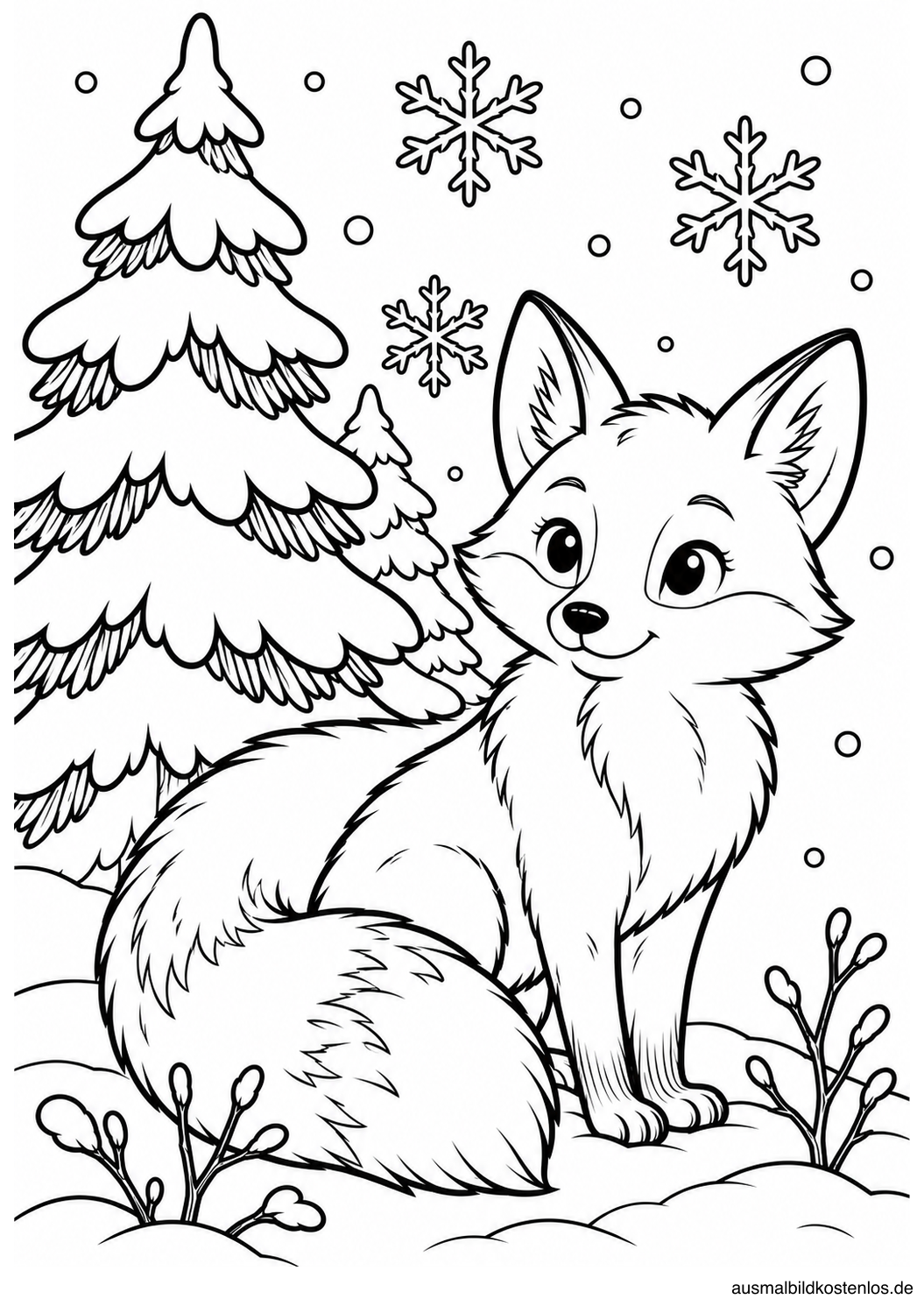 Schwarz-Weiß-Ausmalbild: Niedlicher Fuchs im verschneiten Winterwald
