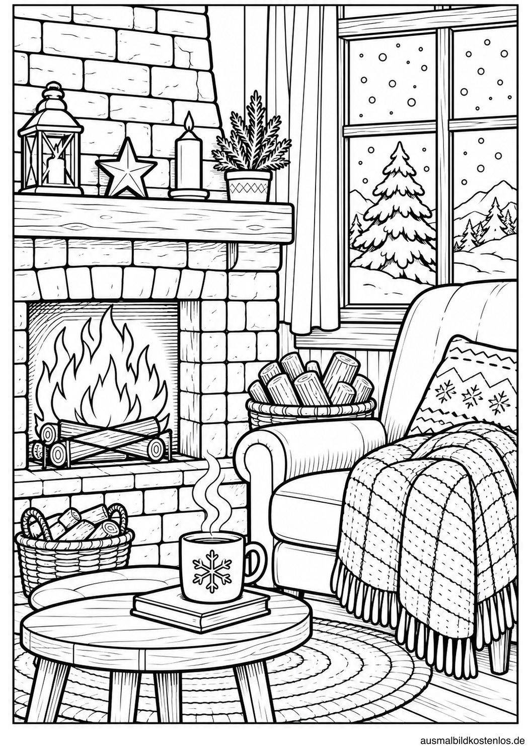 Schwarz-Weiß-Ausmalbild: Gemütliche Winterstube mit Kamin und heißem Tee