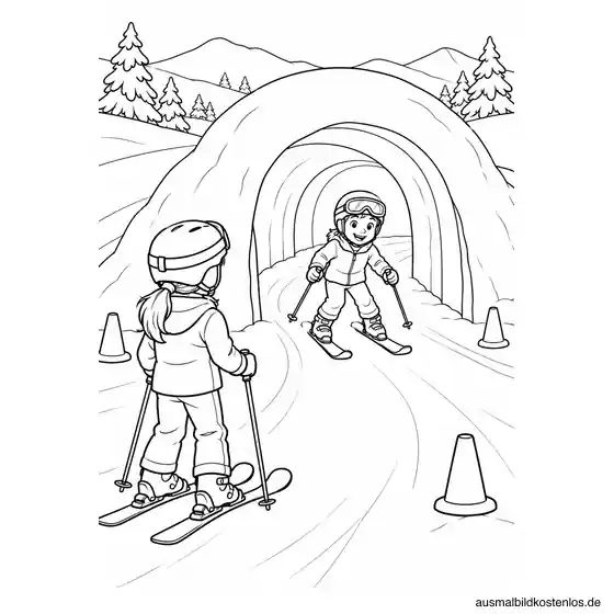 Zwei Geschwister am großen Schneetunnel