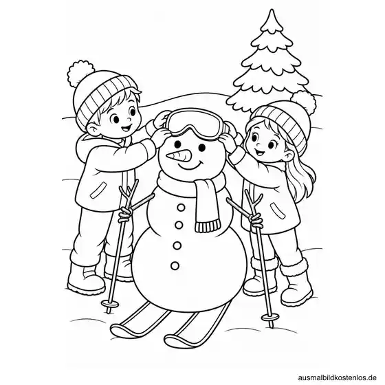 Zwei Kinder bauen einen Schneemann auf Skiern