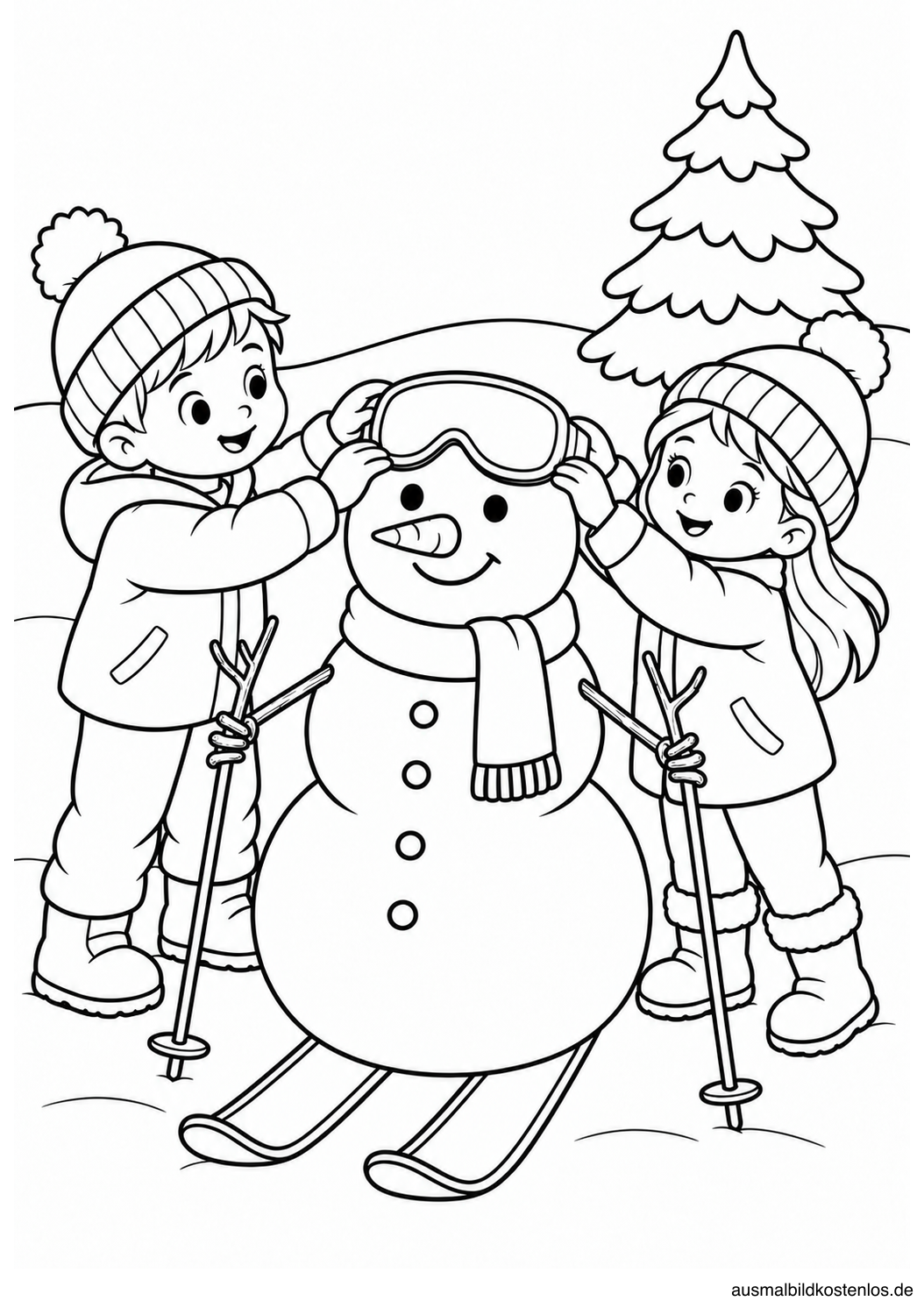 Zwei Kinder setzen einem Schneemann auf Skiern eine Skibrille auf
