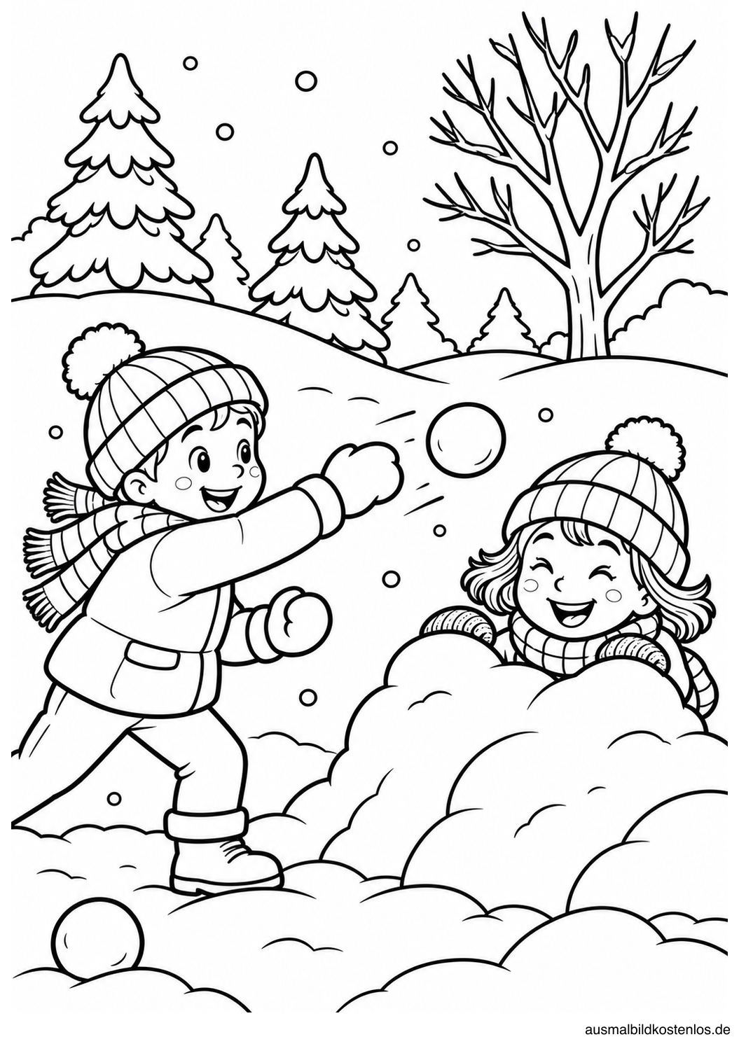 Schwarz-Weiß-Ausmalbild: Lustige Schneeballschlacht mit zwei Kindern